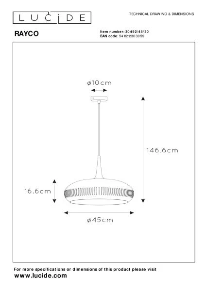 Lucide RAYCO - Suspension - Ø 45 cm - 1xE27 - Noir - TECHNISCH